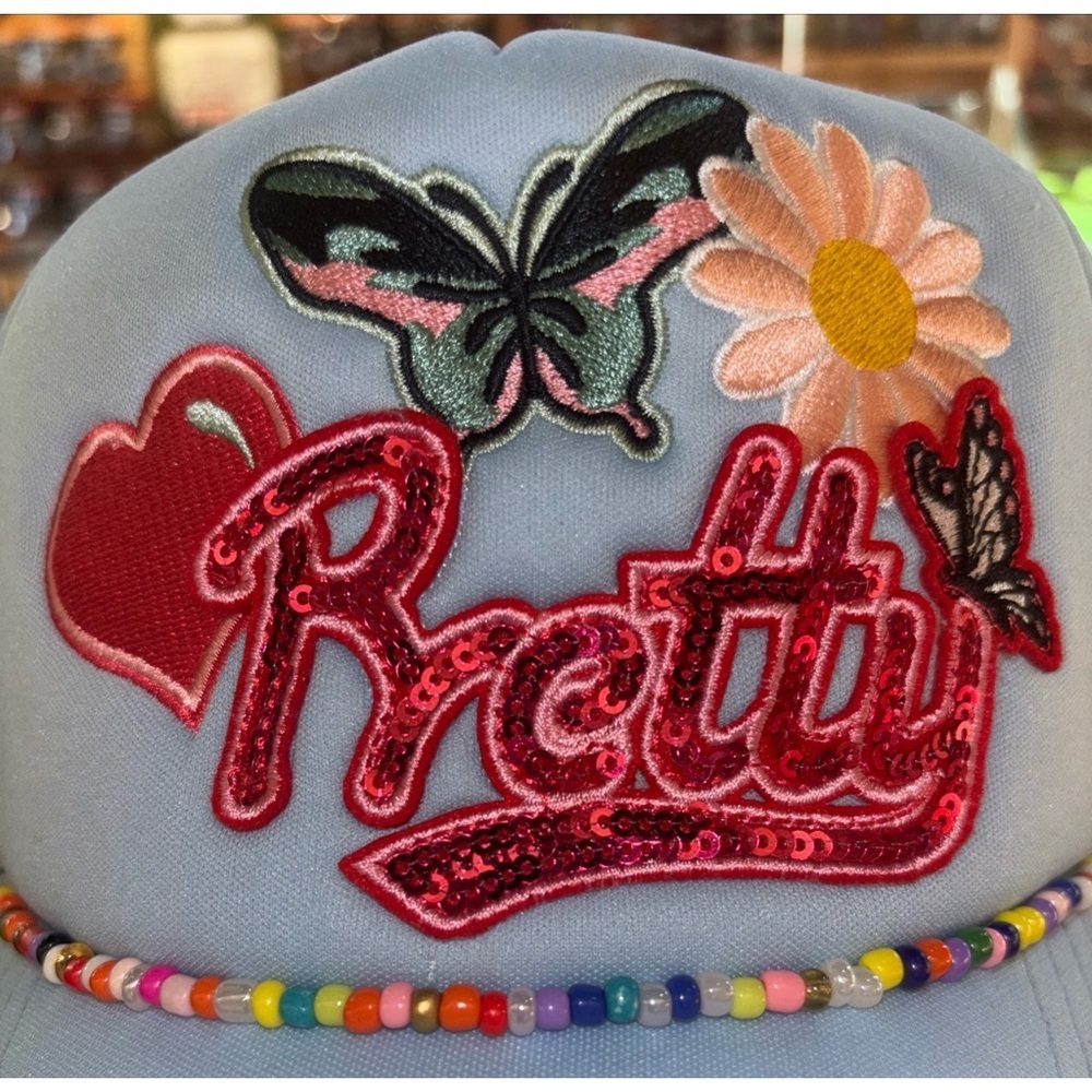 The Spring shop  Beaded Rhinestone Heart Butterfly Daisy Adjustable Cap NWT - Picture 3 of 11